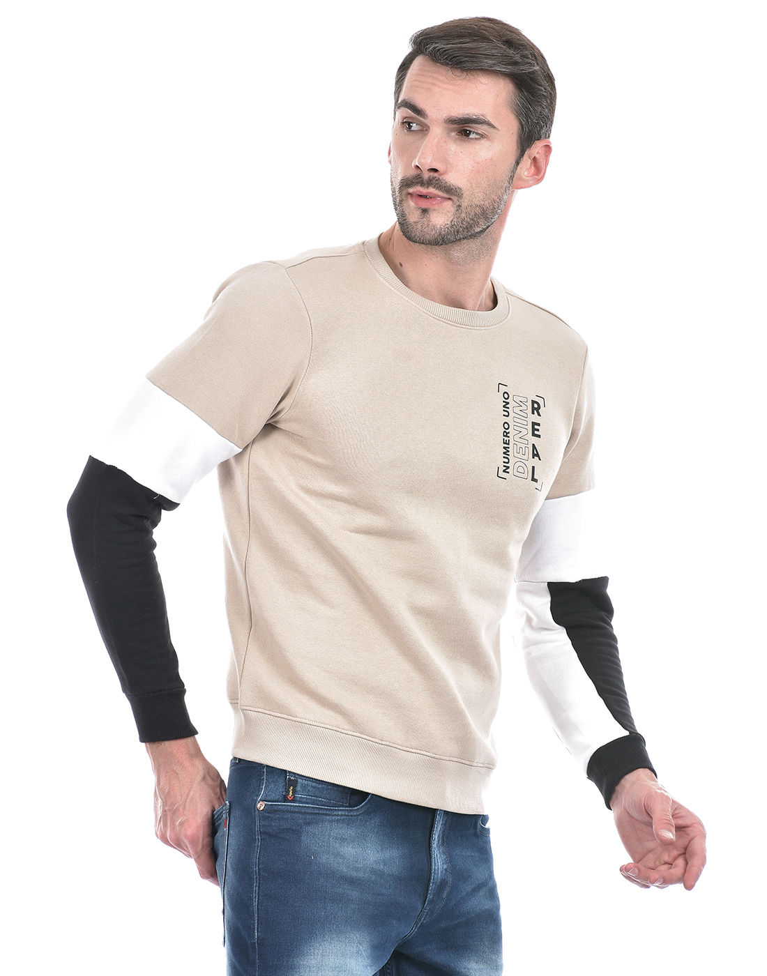 Numero Uno Men Abstract Beige Sweat Shirt